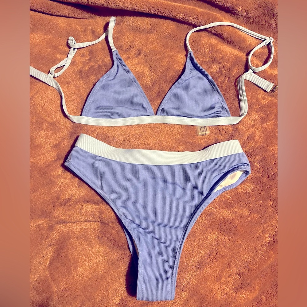 Blue Triangle Bikini Set with Light Blue Trim Ribbed Texture Unlined Periwinkle
